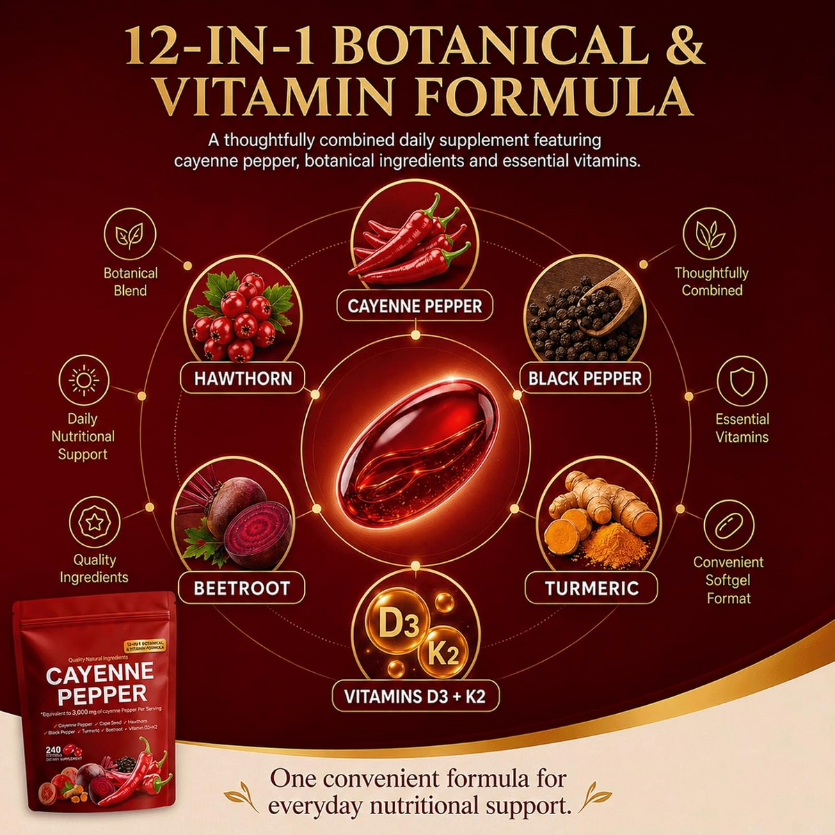 Pepper Softgels – 12-in-1 Formula with Vitamins D3, K2 & E, Hawthorn, Beetroot & Turmeric