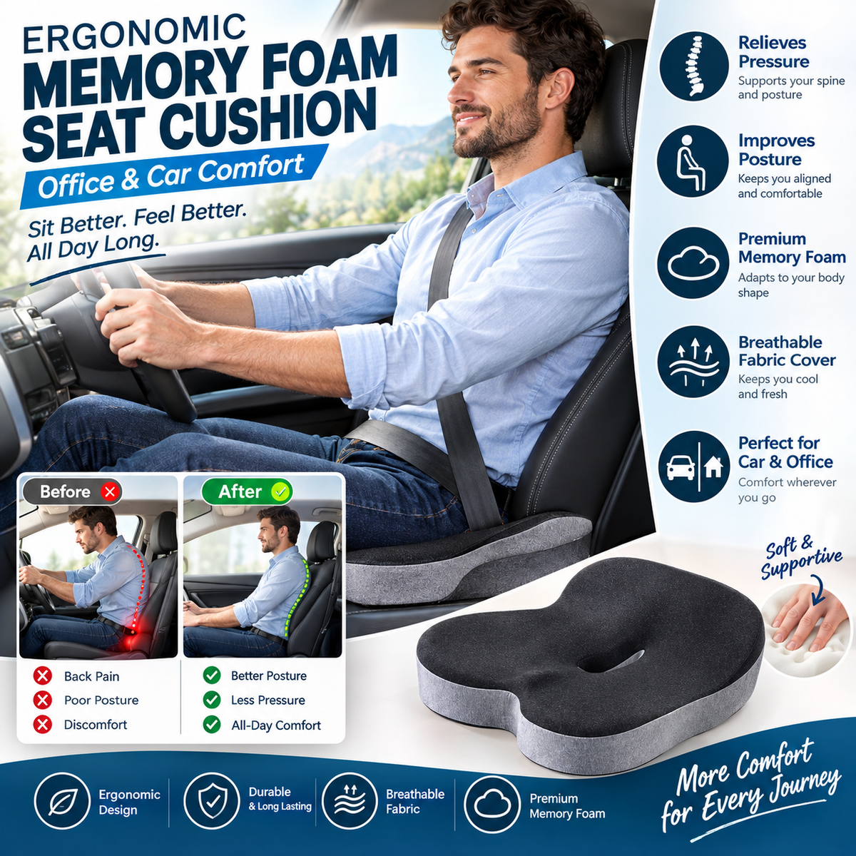 Ergonomic Memory Foam Seat Cushion – Office & Car Comfort