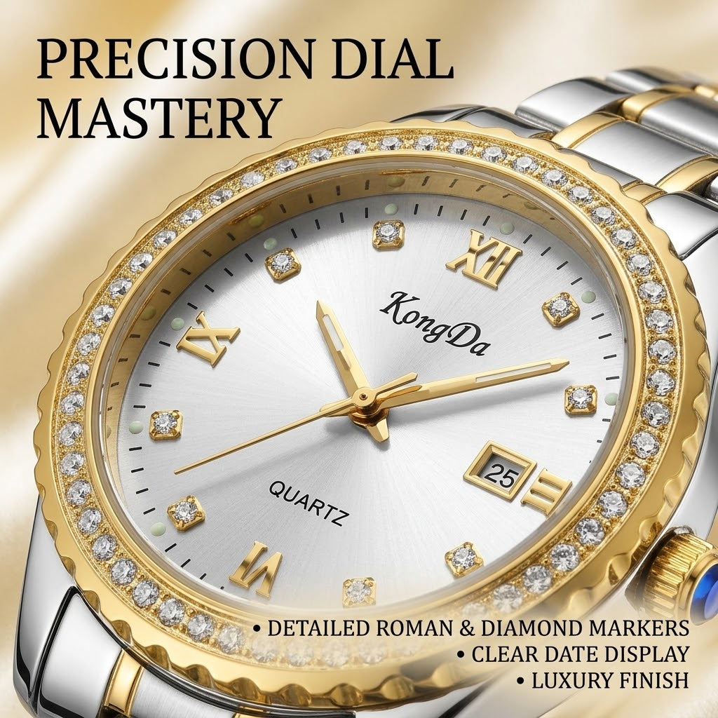 Women’s Luxury Quartz Watch – Sunray Dial, Crystal Fluted Bezel
