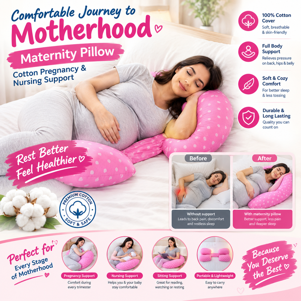U-Shaped Maternity Pillow – Cotton Pregnancy & Nursing Support