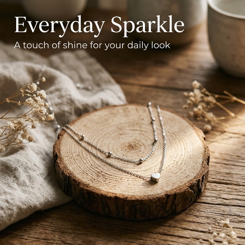 Tiny Heart Choker Necklace – Double-Layered Beaded Stainless Steel Jewelry for Women