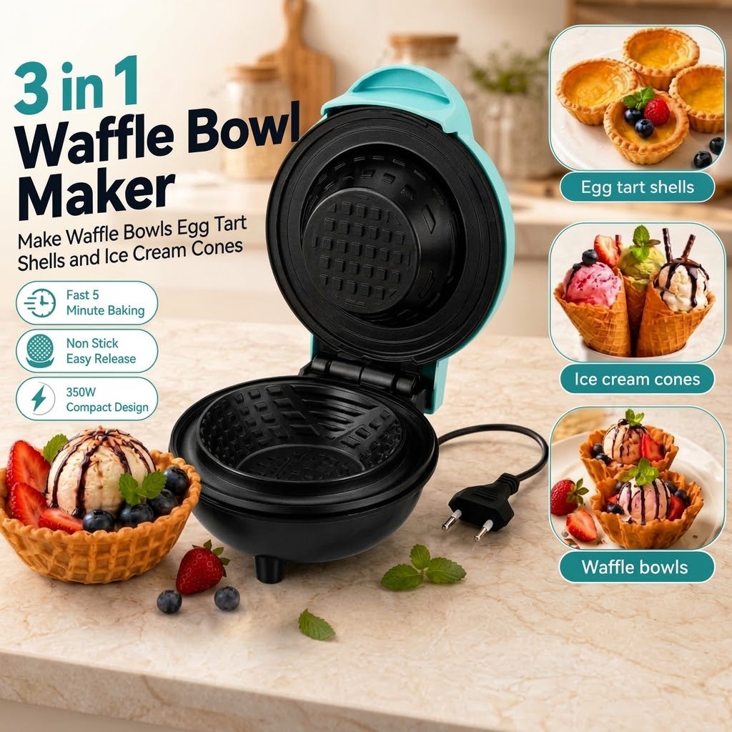 Waffle Bowl Maker – Non-Stick Breakfast Maker for Egg Tarts, Cones & Waffle Cups