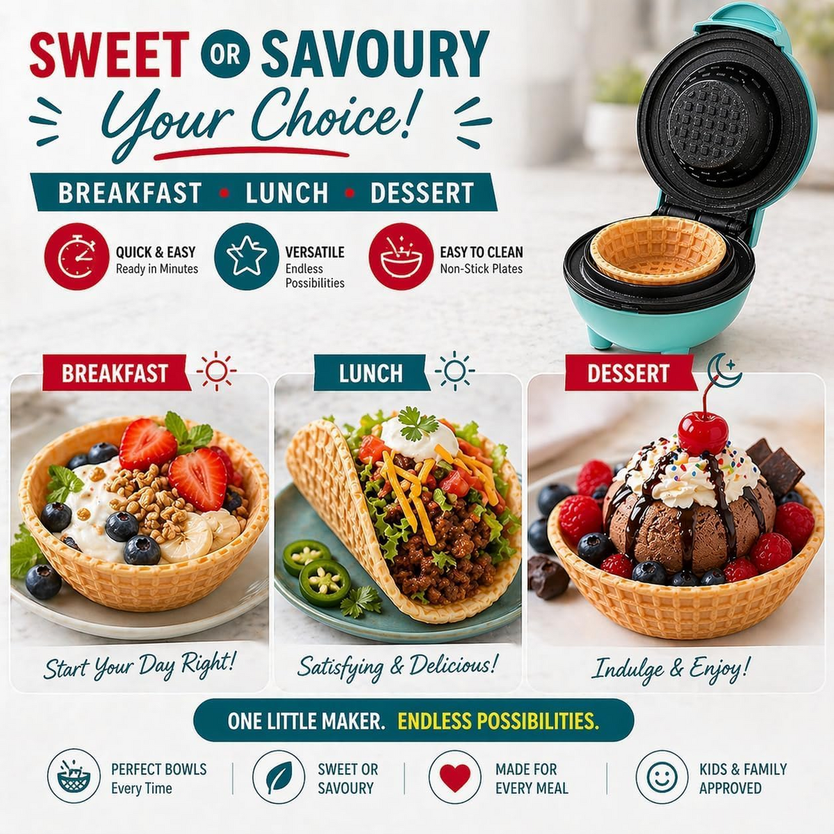 Waffle Bowl Maker – Non-Stick Breakfast Maker for Egg Tarts, Cones & Waffle Cups