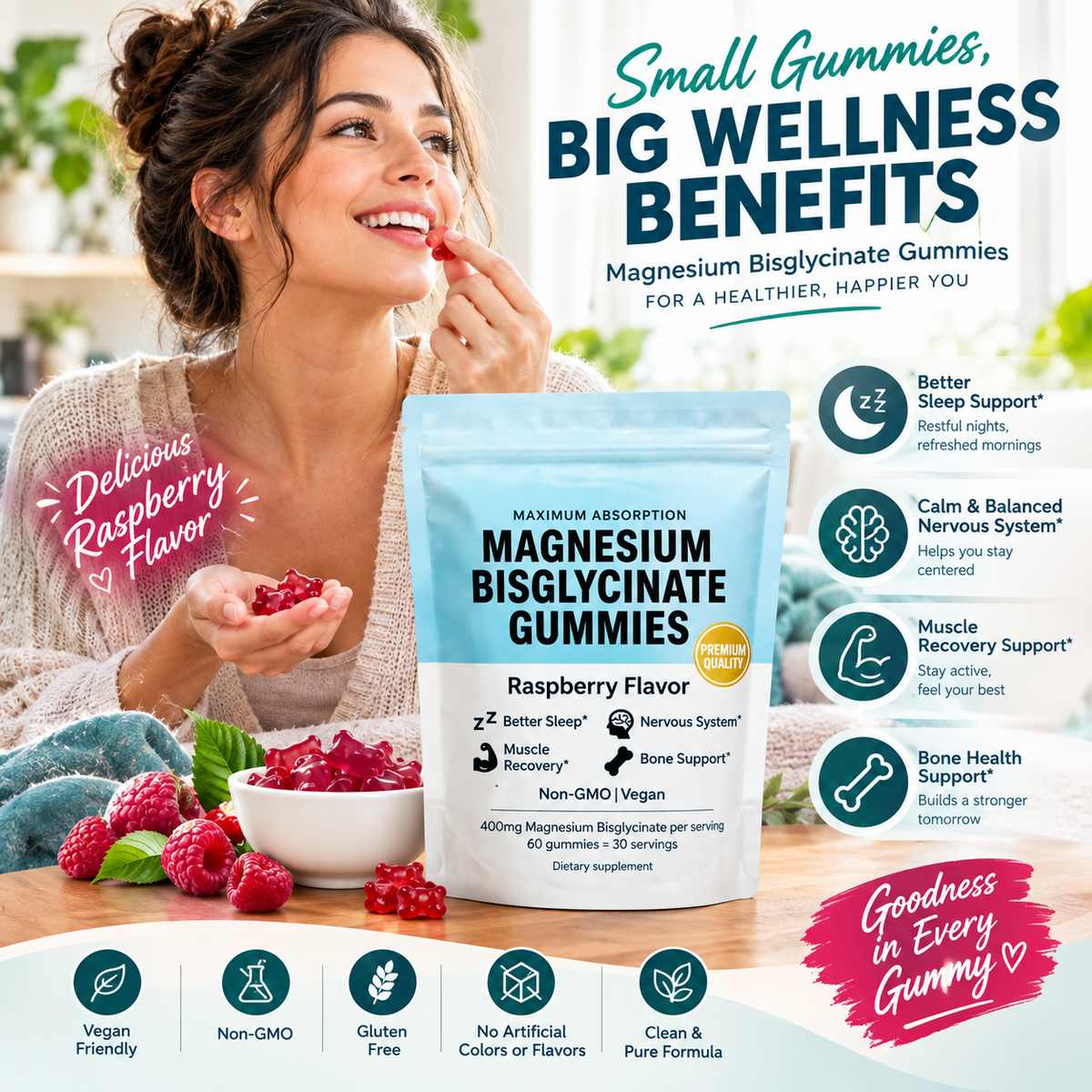 Magnesium Bisglycinate Raspberry Vegan Non-GMO Gummies