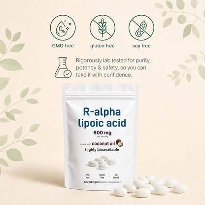 Coconut Oil Based R-Alpha Lipoic Acid Softgels – 120 Count Antioxidant Wellness Supplement