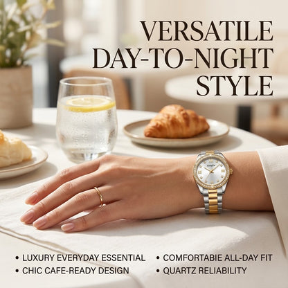Women’s Luxury Quartz Watch – Sunray Dial, Crystal Fluted Bezel
