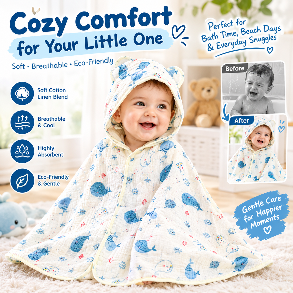 Woven Floral Pattern Baby Hooded Cover-Up – Soft Breathable Muslin Cotton Linen Wrap