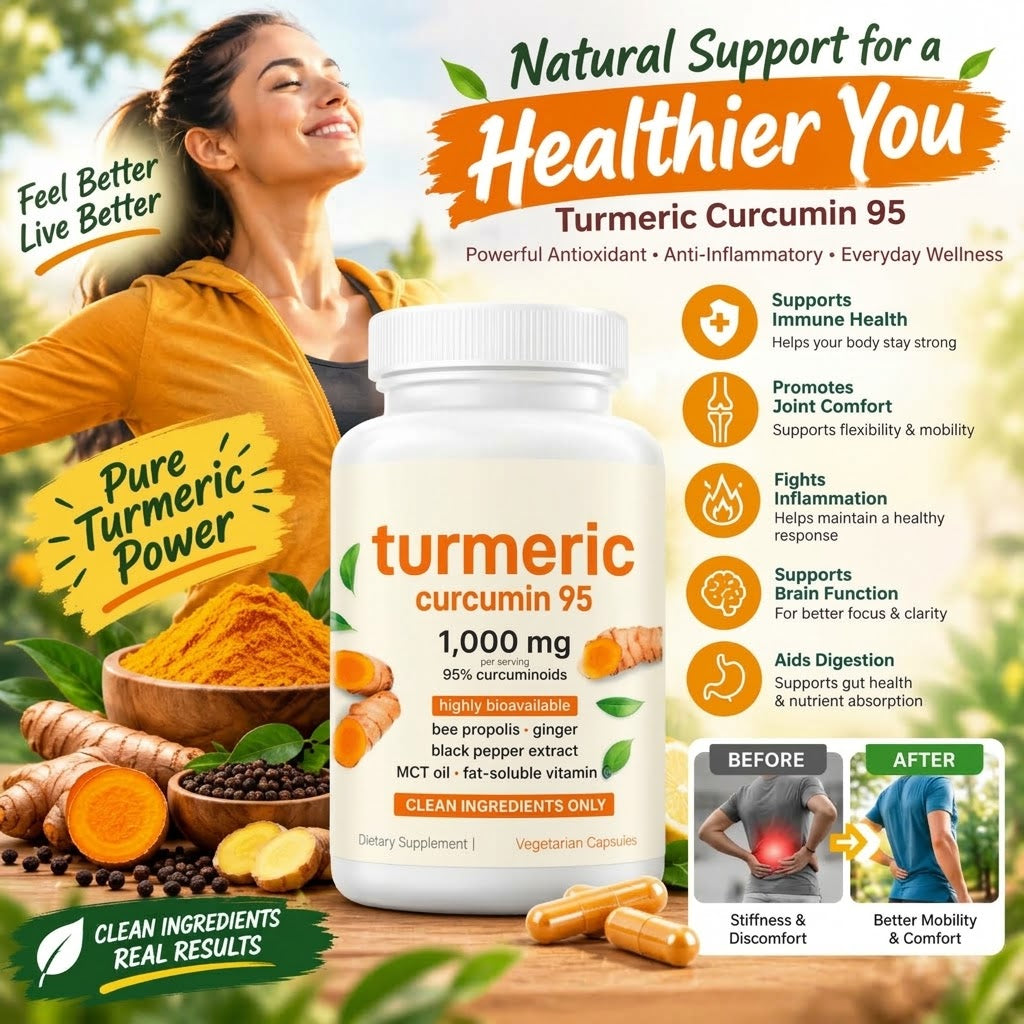 Turmeric Curcumin Capsules – 1000mg with 95% Curcuminoids, Black Pepper & Vitamin C