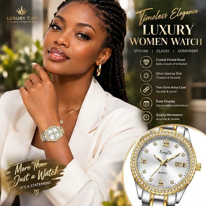 Women’s Luxury Quartz Watch – Sunray Dial, Crystal Fluted Bezel