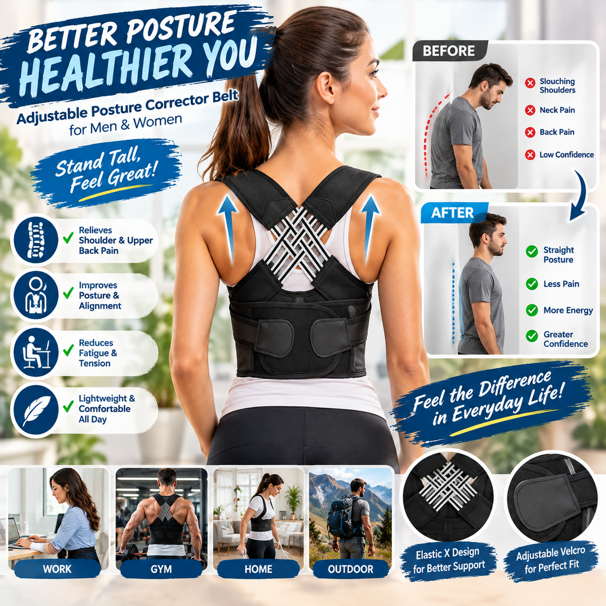 Corrector Back Brace – Neoprene Lumbar Support Belt with Breathable Shoulder Straps