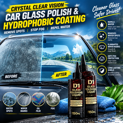 Car Glass Polish & Hydrophobic Anti-Fog Coating for Water Spots, Wiper Marks & Oil Film