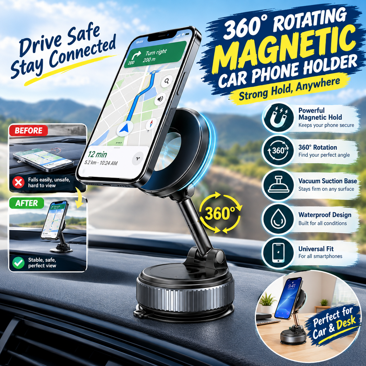 Magnetic Suction Cup Phone Mount for MagSafe – 360° Adjustable Foldable Car Phone Holder