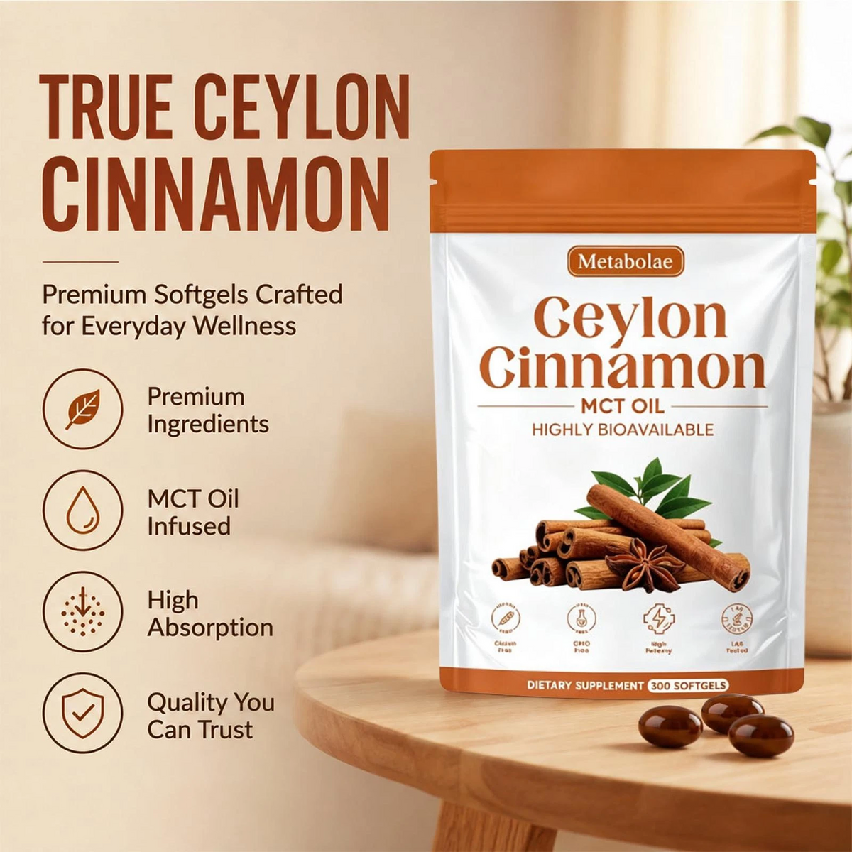 Ceylon Cinnamon Softgels with MCT Oil High Potency Supplement